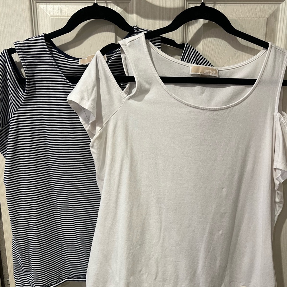 Michael Kors White & Navy Striped Cold Shoulder Tops - Picture 4 of 4
